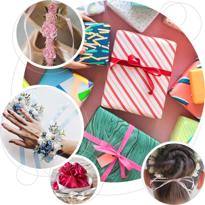 Colorful gift-wrapped presents with decorative ribbons and floral accessories.