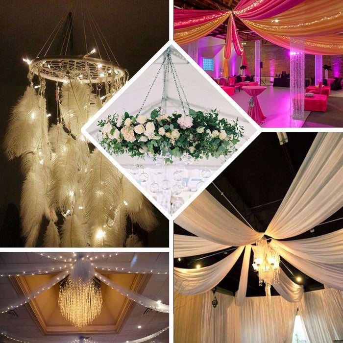 Decorative chandeliers and drapery for event decor inspiration.