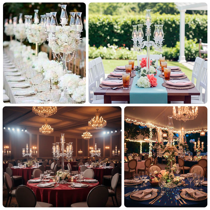 Elegant candle holders on elegantly set tables for various events.