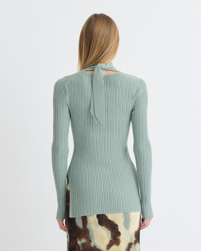 Arella - Fine Merino Rib Long Sleeved Top - Sage