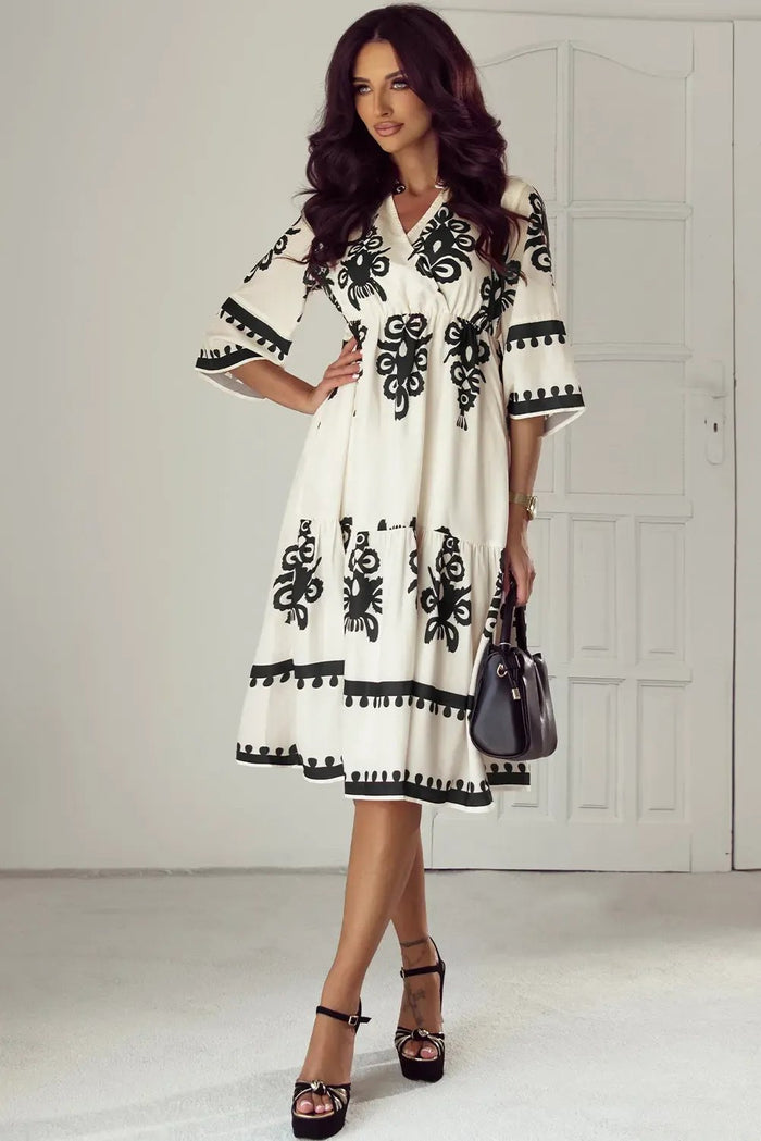 Shop Black Western Geometric Print 3/4 Sleeve Loose Midi Dress at eAura