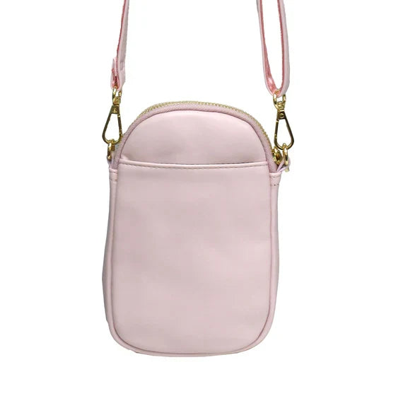 Pink crossbody bag with a strap on a white background