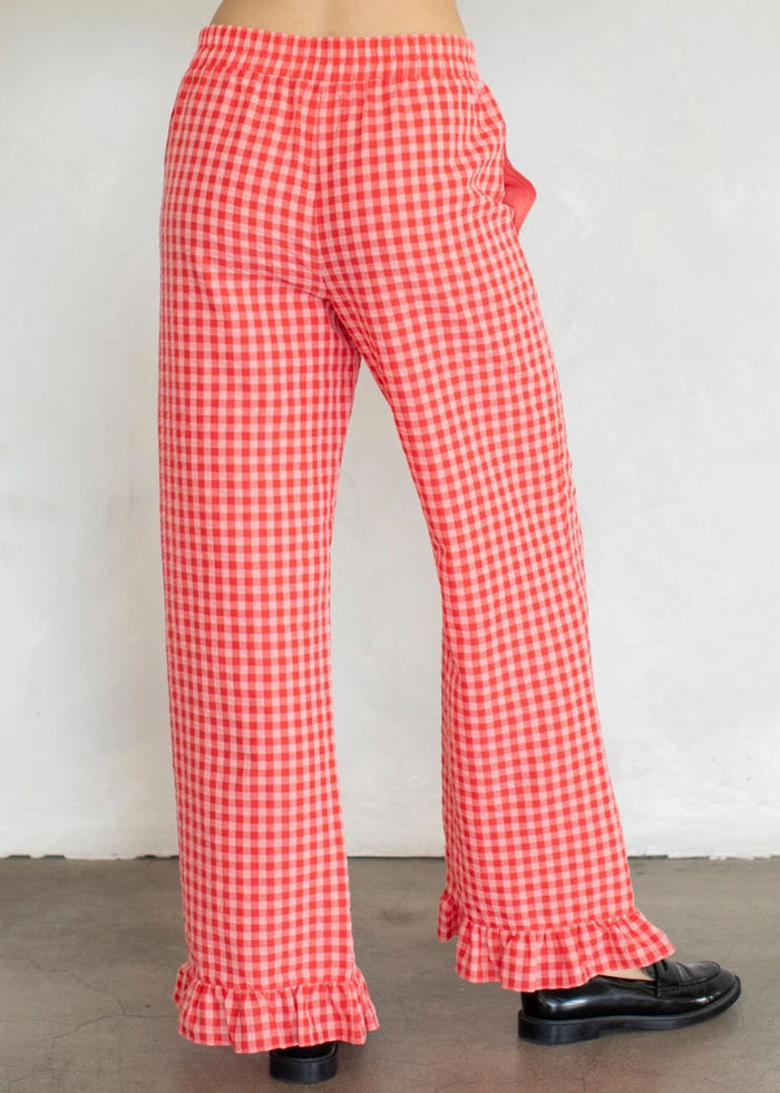 Checkered Ruffle Hem Pant - Coral