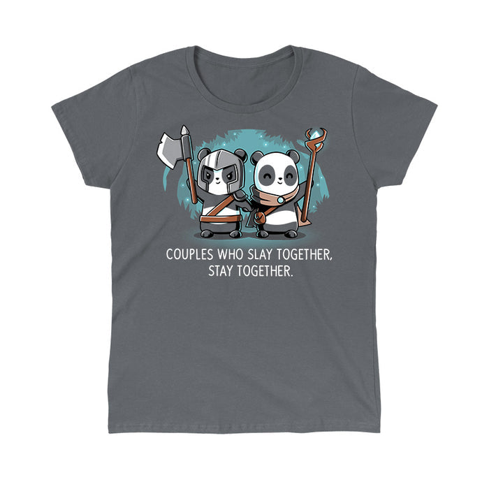 Classic Cotton T-shirt_TeeTurtle Couples Who Play Together Stay Together charcoal gray t-shirt featuring two pandas dressed as warriors with weapons.