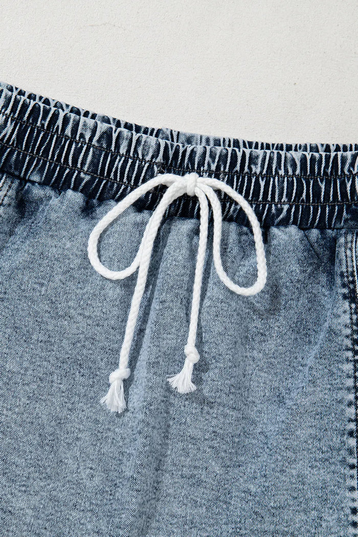 Dusk Blue Drawstring High Waist Pocketed Denim Shorts Skort - Skirts/Skort