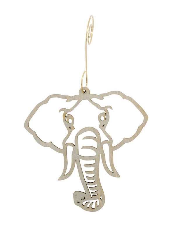 Elephant wood Christmas ornament with trunk and ear detail, made in USA