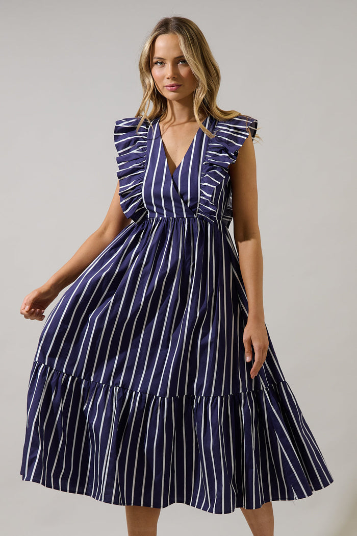 Fairness Poplin Surplice Midi Dress Verta Stripe