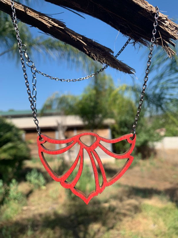 Fan flame pendant necklace with flared shape, laser-cut and made in USA