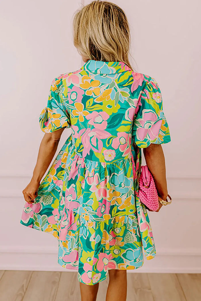 Green Floral Puff Sleeve Collar Buttoned Babydoll Dress - Dresses/Floral Dresses