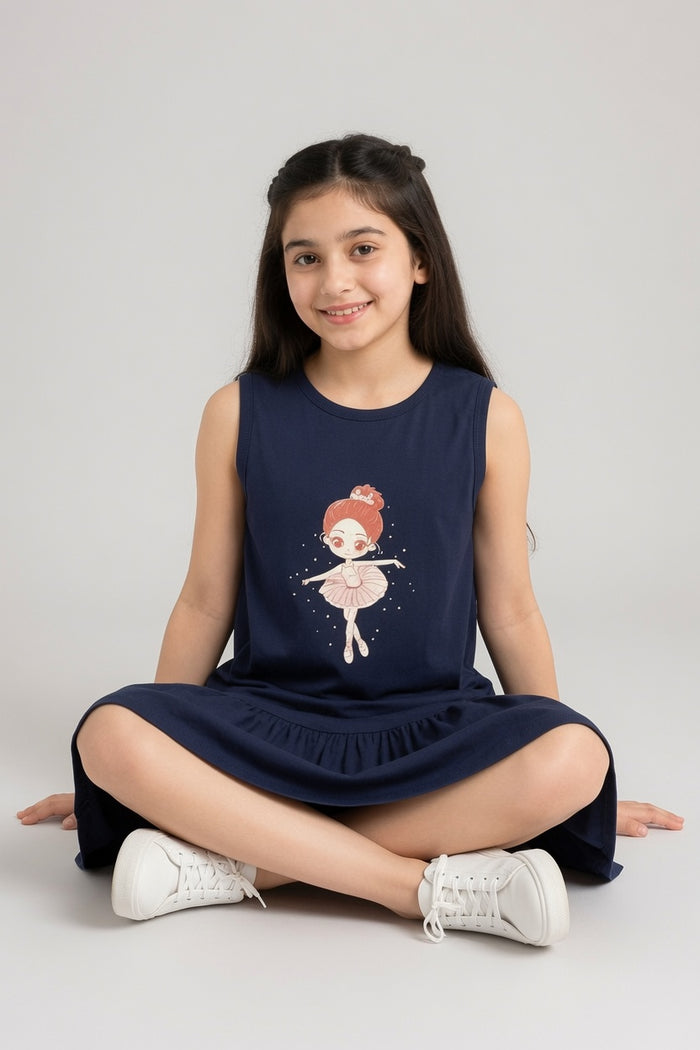 Girls Navy Blue Sleeveless Jersey Cotton Frock (Doll)