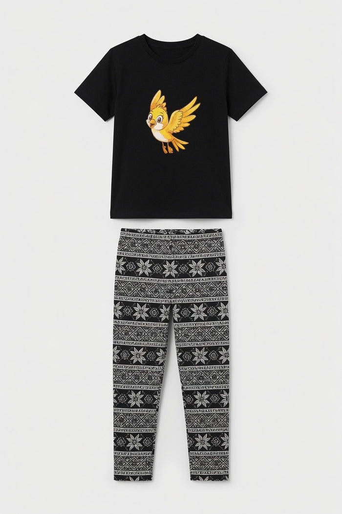 Girls Premium Black Bird Printed T-Shirt & Black White Printed Trouser Set