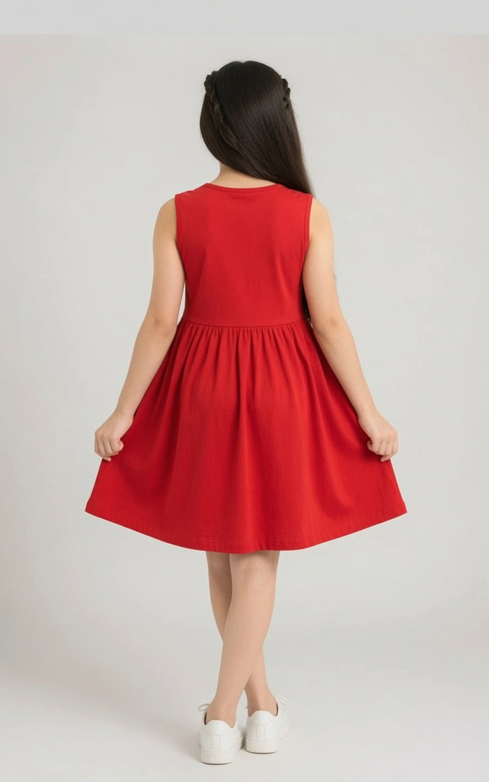 Girls Red Cartoon Jersey Cotton Sleeveless Frock