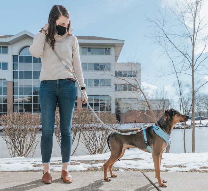 A woman in a mask stands outside on the snowy ground in front of a modern building, walking her dog with the Sassy Woof Hands-Free Rope Leash - Azul. The dog is wearing a blue harness.