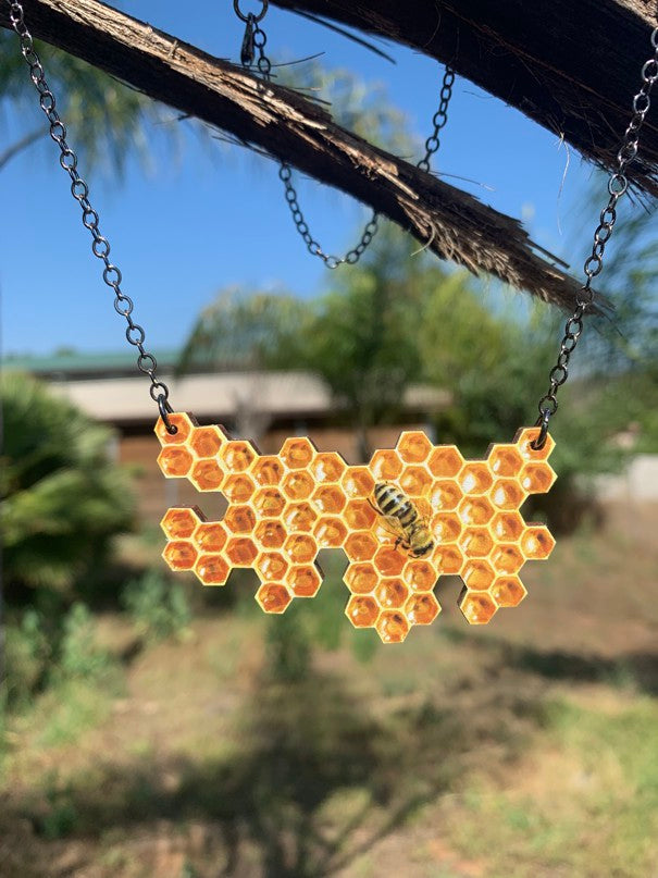 Honeycomb hexagon pendant necklace, laser-cut and made in USA