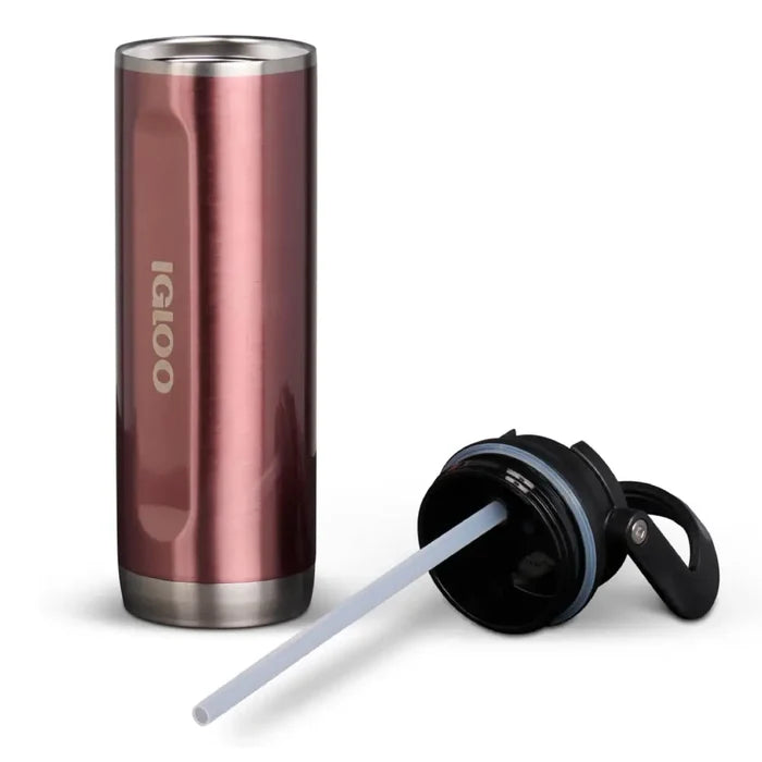 Igloo Flip ‘n’ Sip Insulated Tumbler 591ml size in flamingo pink colour with the drinks cap removed on a white background
