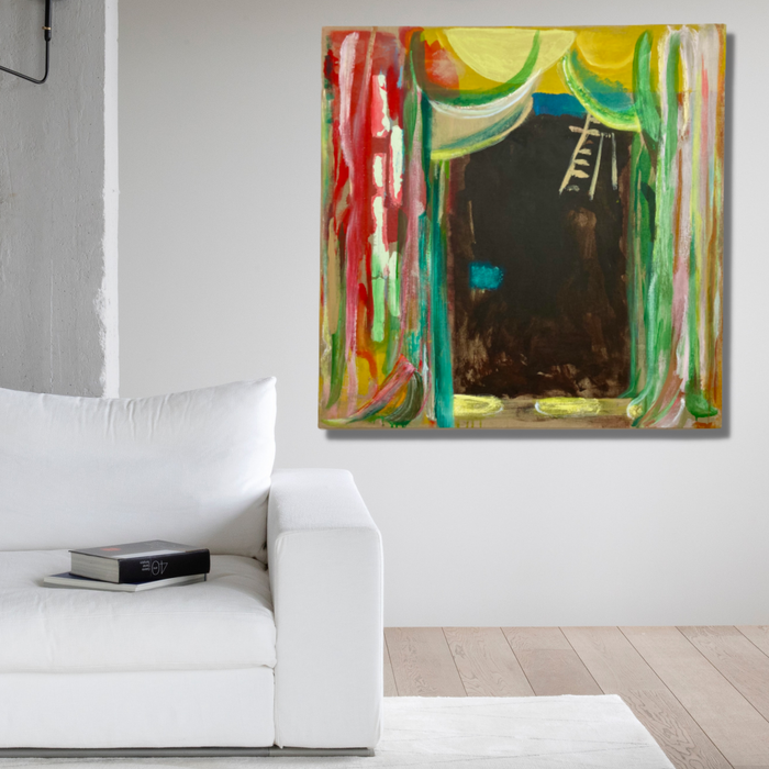 The artwork 'Limelighter's Tale' by Molly Herman features vibrant brushstrokes in red, green, and yellow framing a dark central space, creating a theatrical curtain-like effect. The oil on linen painting showcases expressive gestural marks, a subtle ladder motif, and rich texture through layered paint application, measuring 48x48 inches.