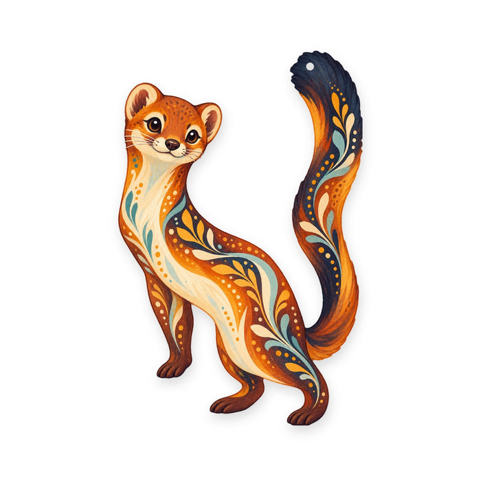 Long-Tailed Weasel folk art ornament O266 on white, laser-cut maple wood, made in USA