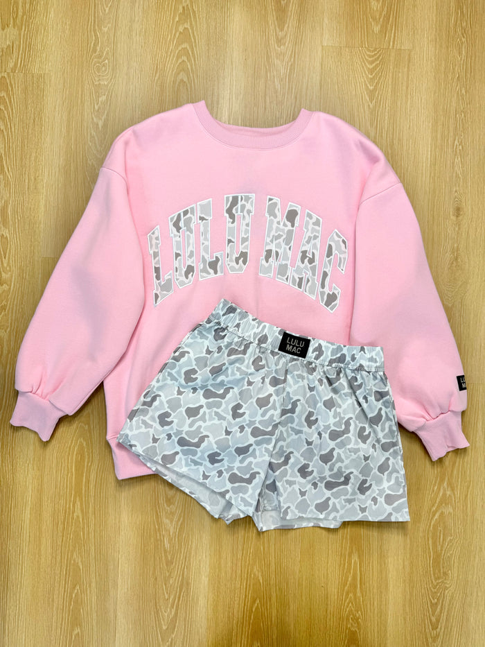 LULU MAC M Set w/ Light Pink White Camo Sweatshirt & White Camo Shorts