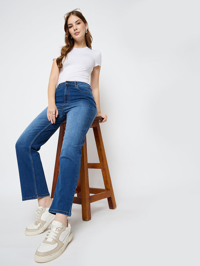 Madame Cotton Blend Straight Fit Mid Blue Jeans