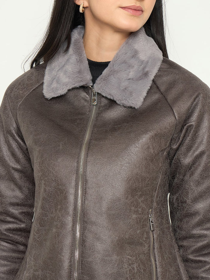 Madame Faux Fur Collar Grey Textured Leather Jacket