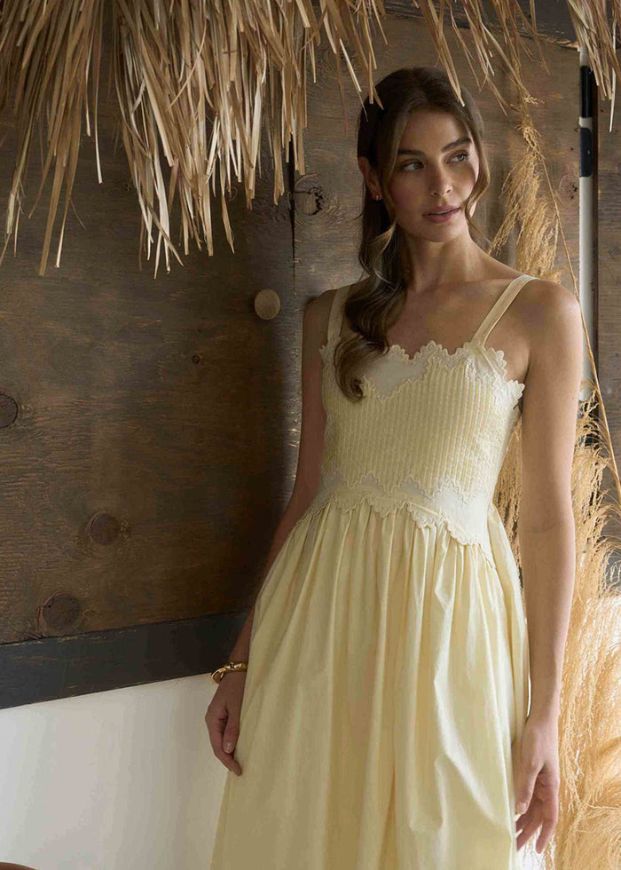 Maggie Embroidered Midi Dress - Butter Yellow