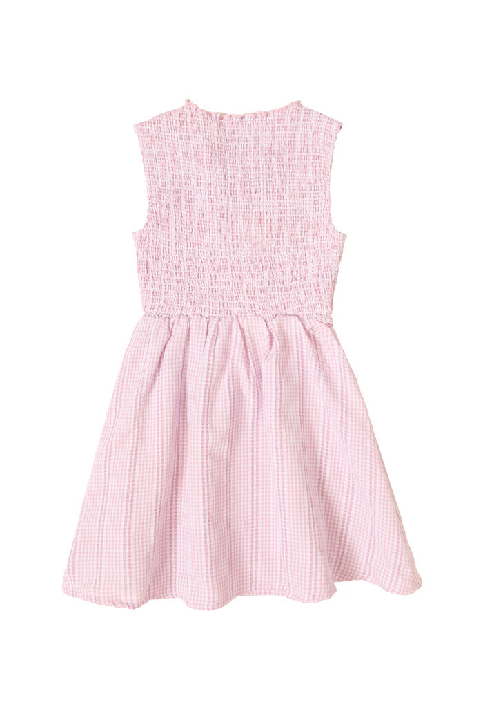 The Mini Karla Dress in Pink Striped Gingham by Ivy City Co is a sleeveless girls' dress with a smocked bodice and flared skirt, perfect for twinning in matching mommy and me styles, shown on a white background.