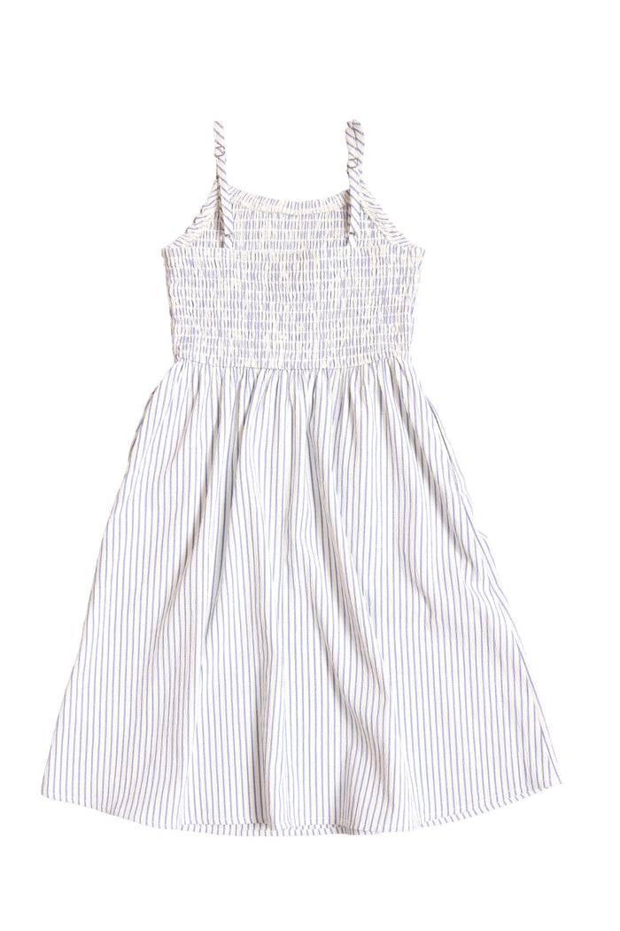 The Mini Maxwell Dress in Blue & White Pinstripe by Ivy City Co features a sleeveless design with thin blue vertical stripes, a smocked bodice, and spaghetti straps, shown laid flat on a white background—an ideal summer dress for those adorable Mom and Me matching moments.