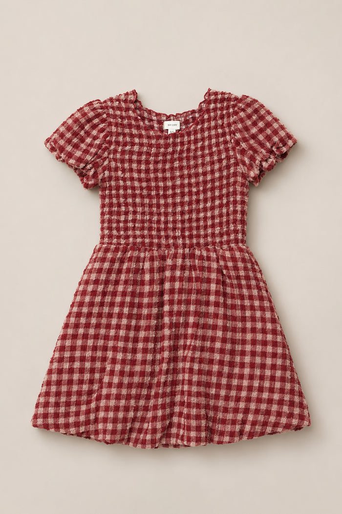 The Mini Tori Dress in Cranberry Popcorn Plaid by Ivy City Co is a short-sleeved, knee-length dress with a red and white checkered pattern, a fitted smocked bodice, and a gathered skirt, displayed laid flat on a neutral background.