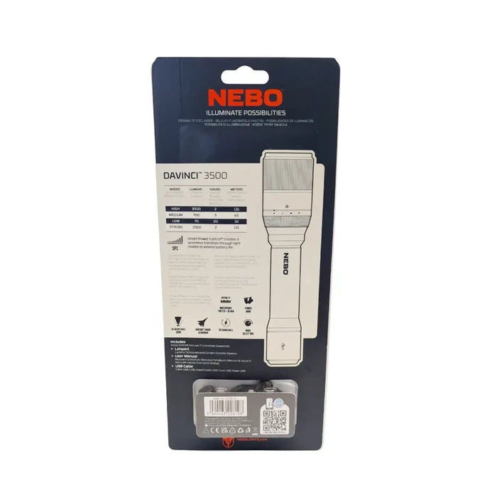 Nebo Davinci 3500 flashlight rear packaging detail on a white background
