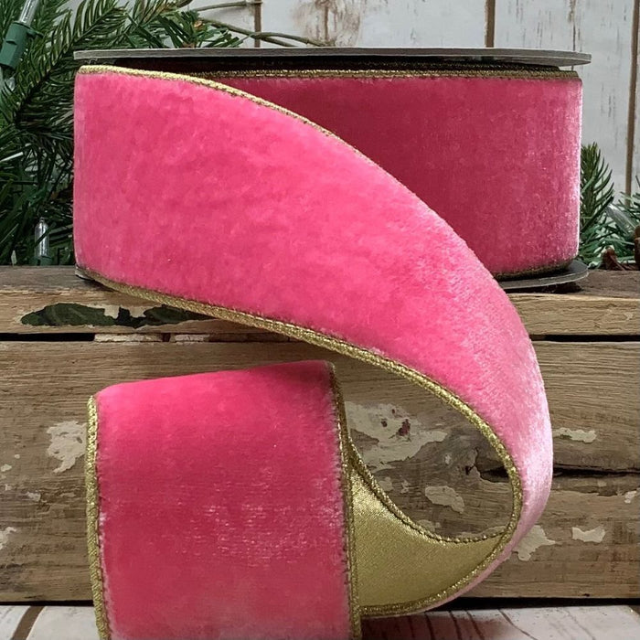 Pink and Gold Lush Velvet Ribbon, 2.5“ X 10YD
