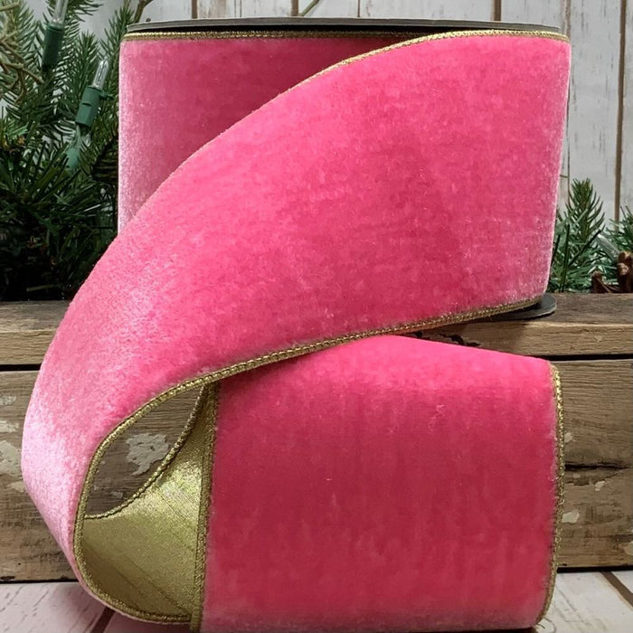 Pink and Gold Lush Velvet Ribbon, 4“ X 10YD
