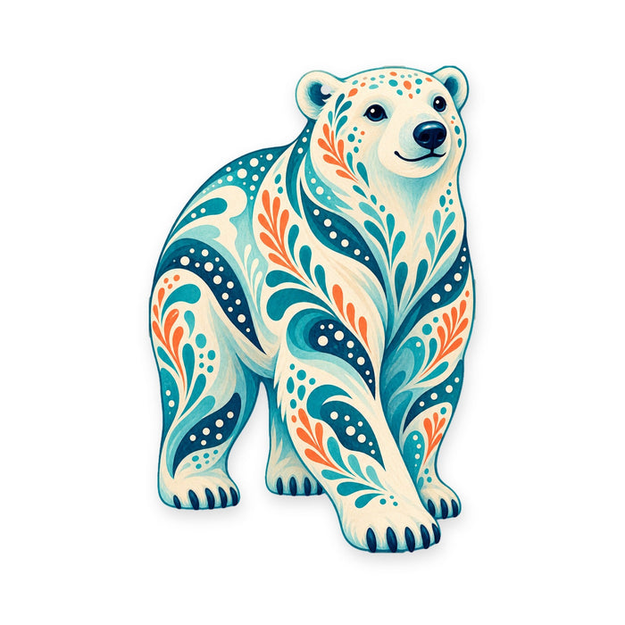 Polar Bear folk art ornament O249 on white, laser-cut maple wood, made in USA