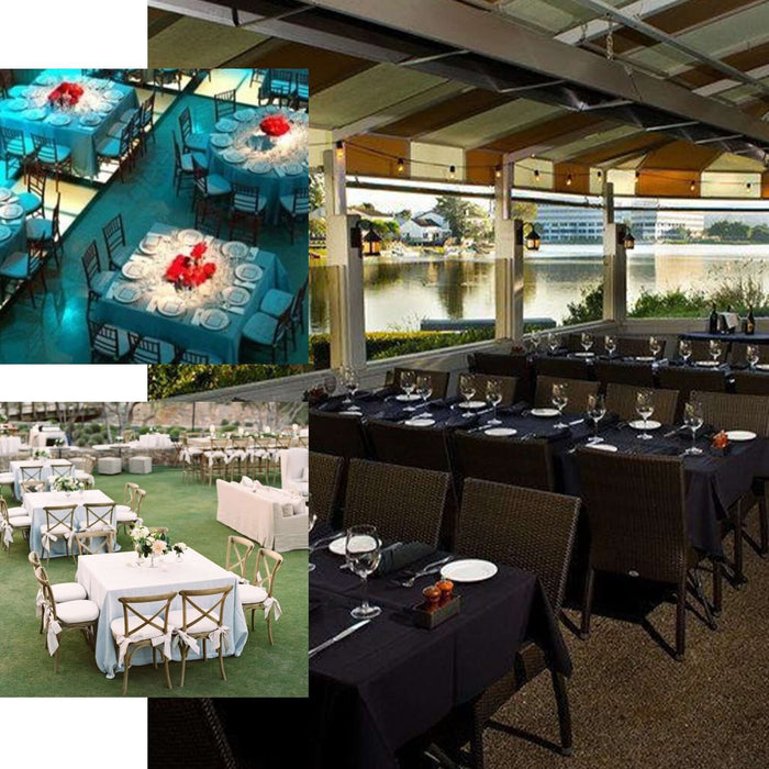 Elegant dining setup for events by the water, featuring tables with floral centerpieces.