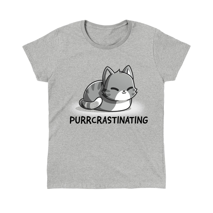 Classic Cotton T-shirt_TeeTurtleย Purrcrastinatingย Heather Gray t-shirt featuring a grayscale illustration of a cat with closed eyes.