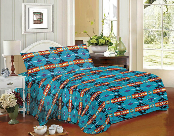 Queen 4pc Sheet Set – Turquoise displayed on a bed with Navajo print in a bright and stylish bedroom setting.