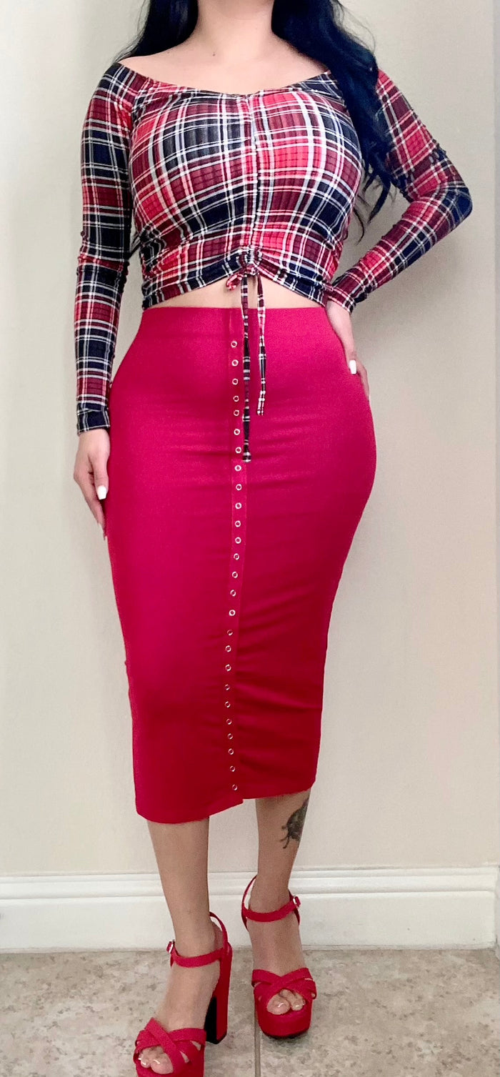 Red Snap Tape Midi Skirt