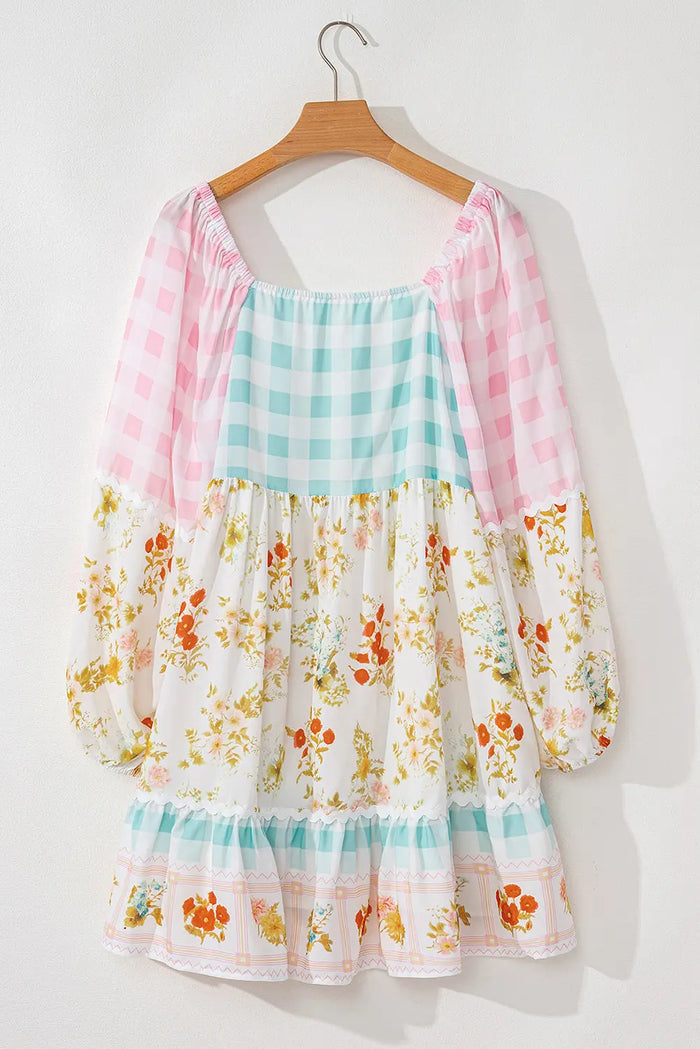 Pink Ric Rac Plaid Floral Print Patchwork Bubble Sleeve Dress - Dresses/Floral Dresses