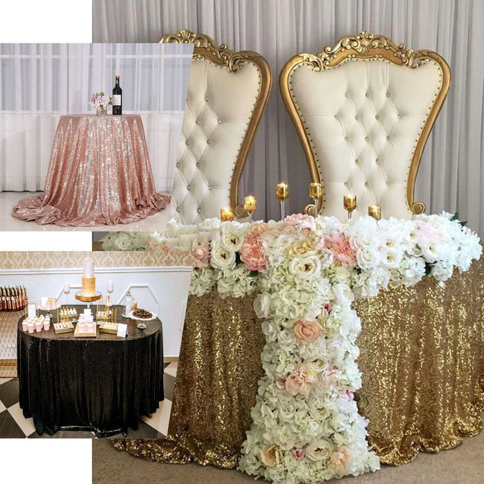 Elegant decorated tables with floral arrangements and champagne for a wedding setup.