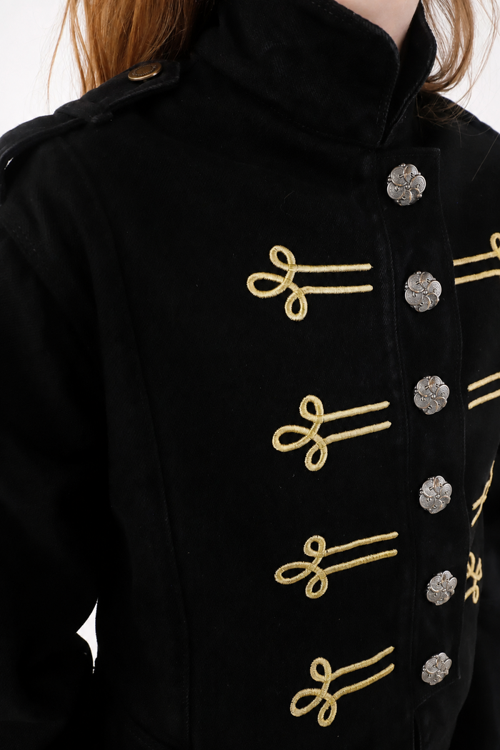 Short Straight Cut Jacket with Gold Drawstrings in Black Cotton for Women