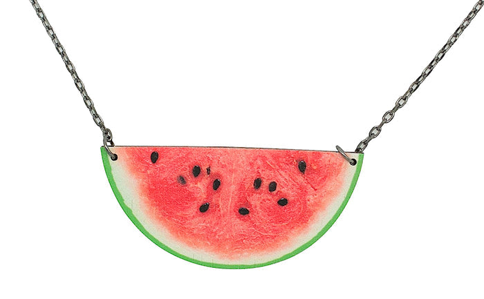 Watermelon slice pendant necklace with seed detail, laser-cut and made in USA
