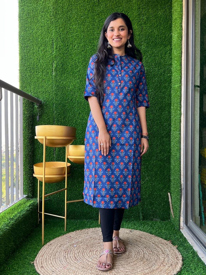 Weekend Cotton Kurta- Bright Blue Red Booti