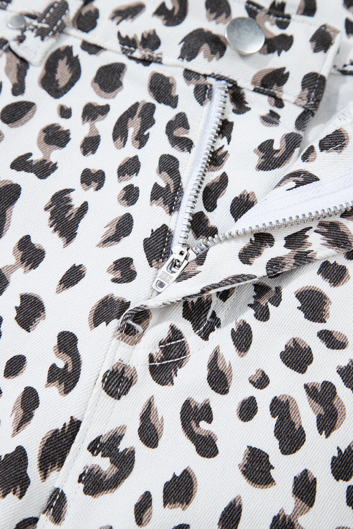 White Leopard Frayed Hem Denim Shorts - Bottoms/Denim