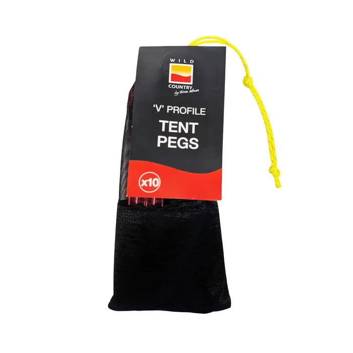 Wild Country aluminium alloy v angle tent peg in red shown in their packaging