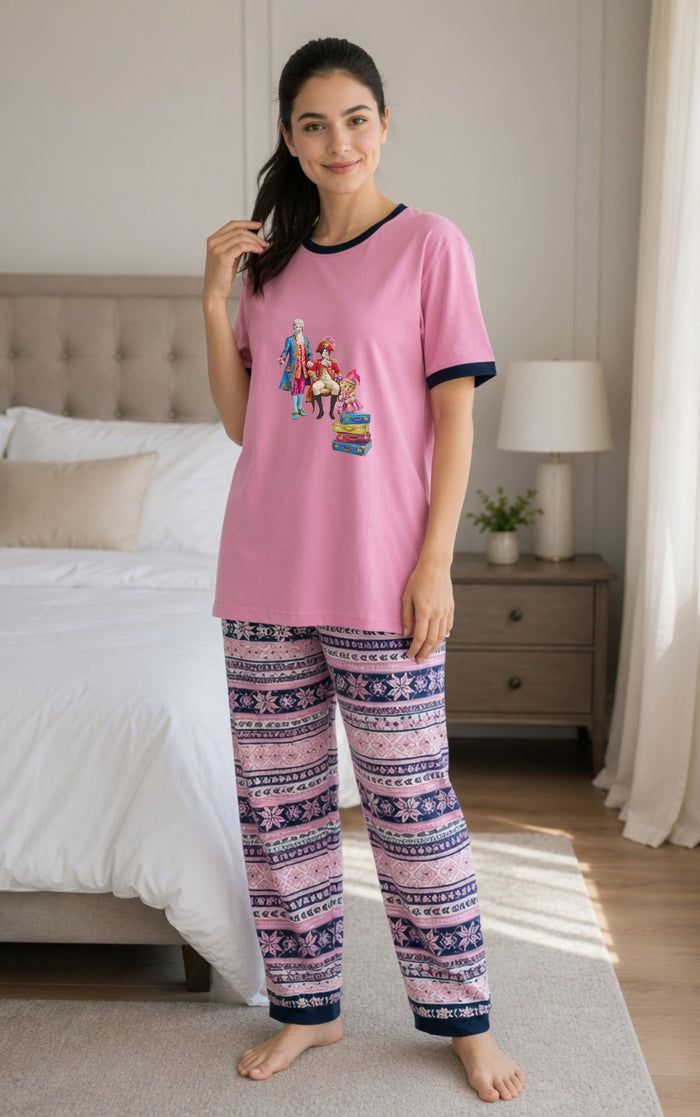 Women's Pink Jersey Cotton Pajama Set Soft Relaxed Fit