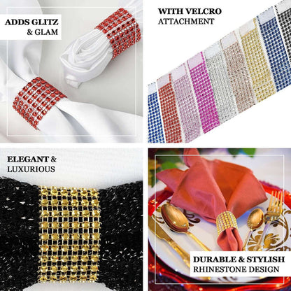 Elegant rhinestone napkin rings with Velcro attachment for stylish dining.