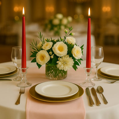 Elegant table setting with white roses, red candles, and fine dining utensils.