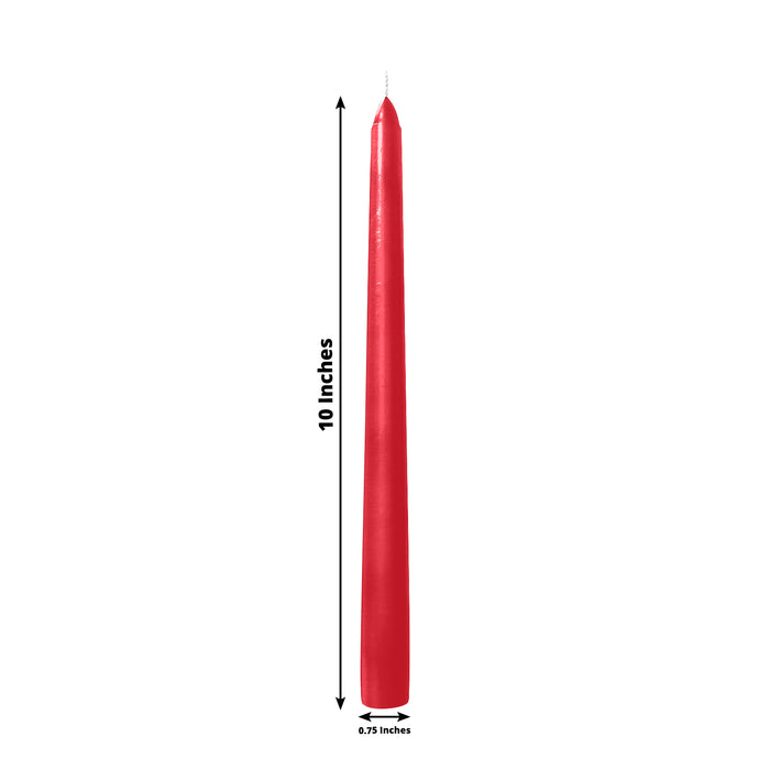 Red taper candle, 10 inches tall and 0.75 inches wide, isolated on white background.