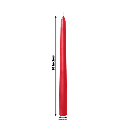 Red taper candle, 10 inches tall and 0.75 inches wide, isolated on white background.