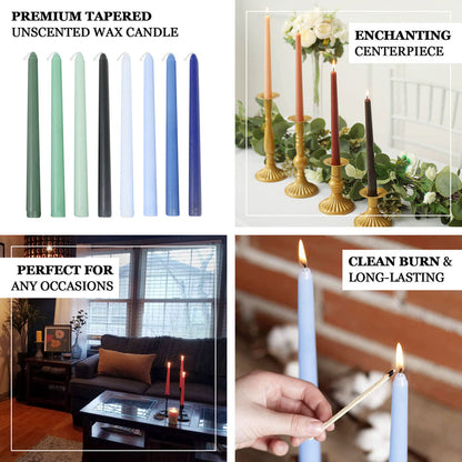 Premium tapered unscented wax candles in various colors for any occasion.