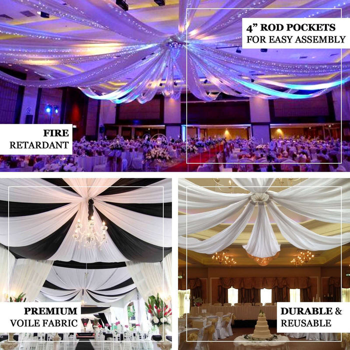 Decorative voile fabric draping for events, featuring fire retardant quality and easy assembly.